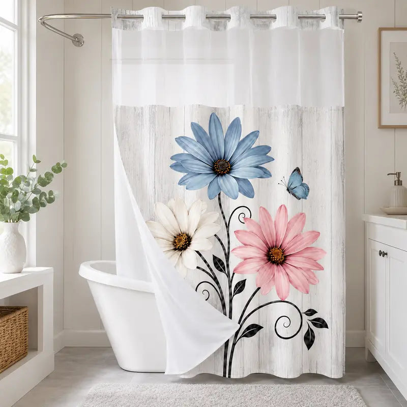 Teal Daisy Print Shower Curtain with Sheer Top