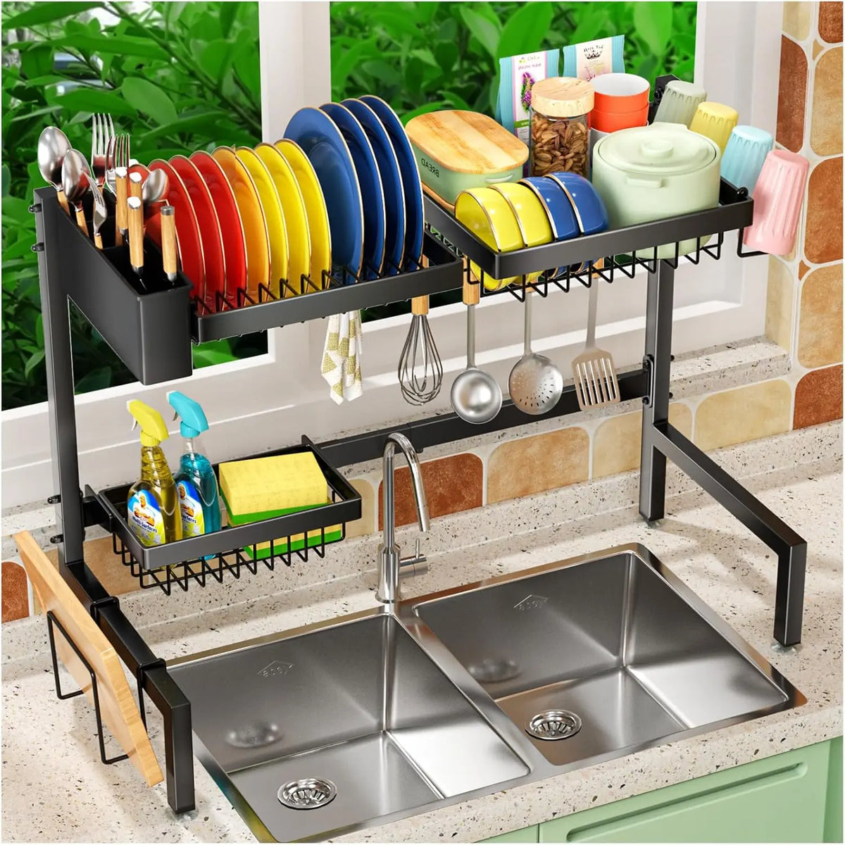 Black Metal Two-Tier Over-Sink Dish Rack