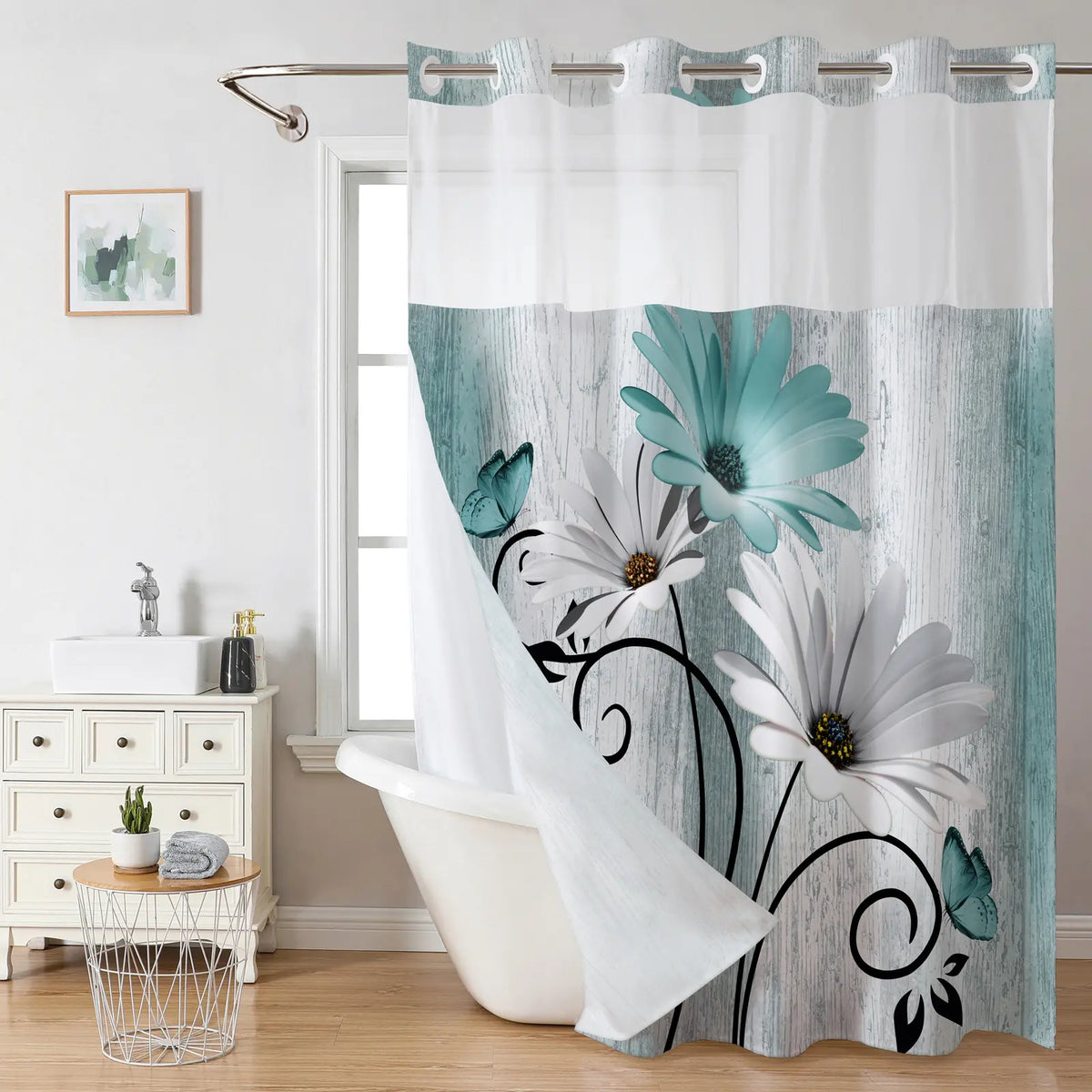 Teal Daisy Print Fabric Shower Curtain