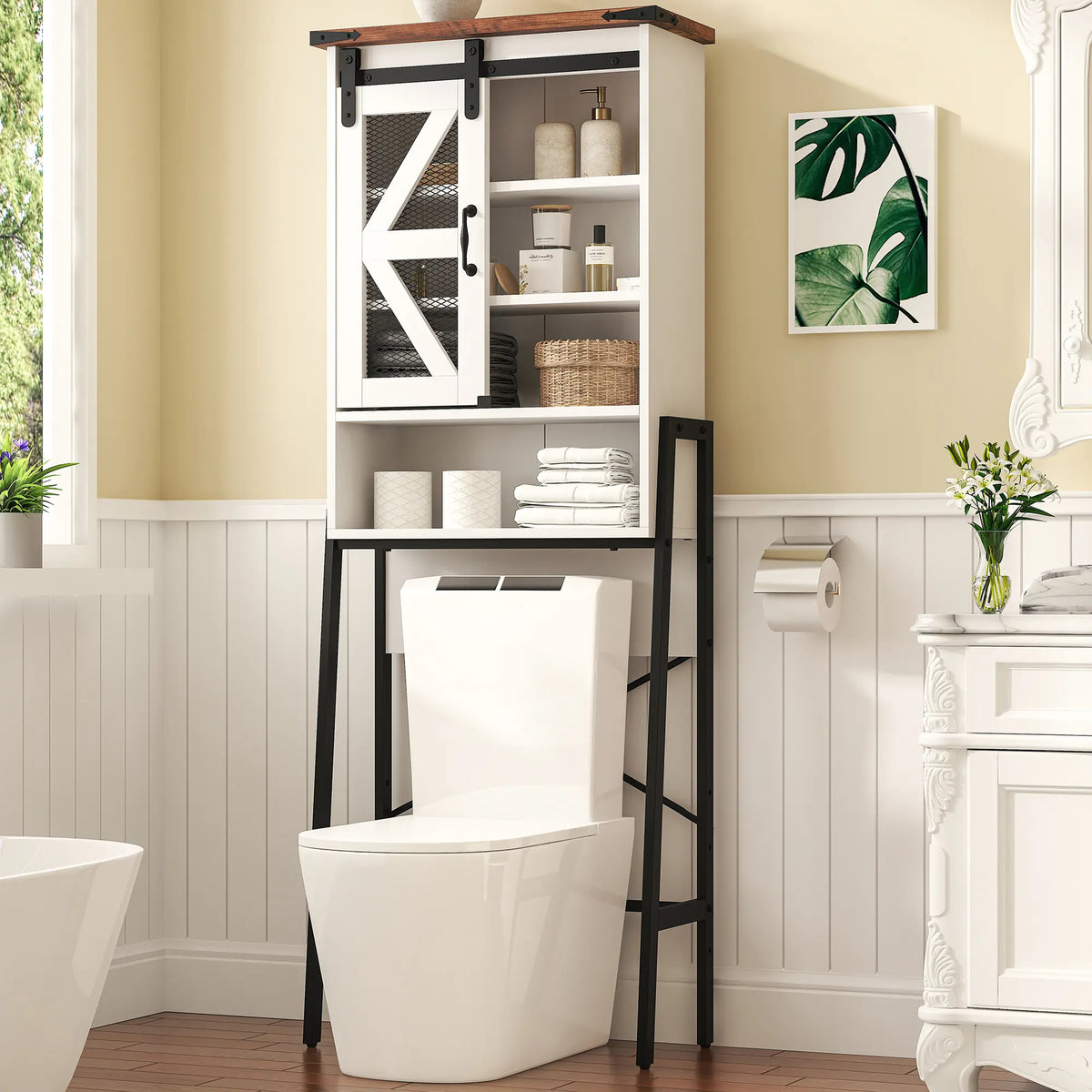 White Over-Toilet Cabinet with Sliding Barn Door