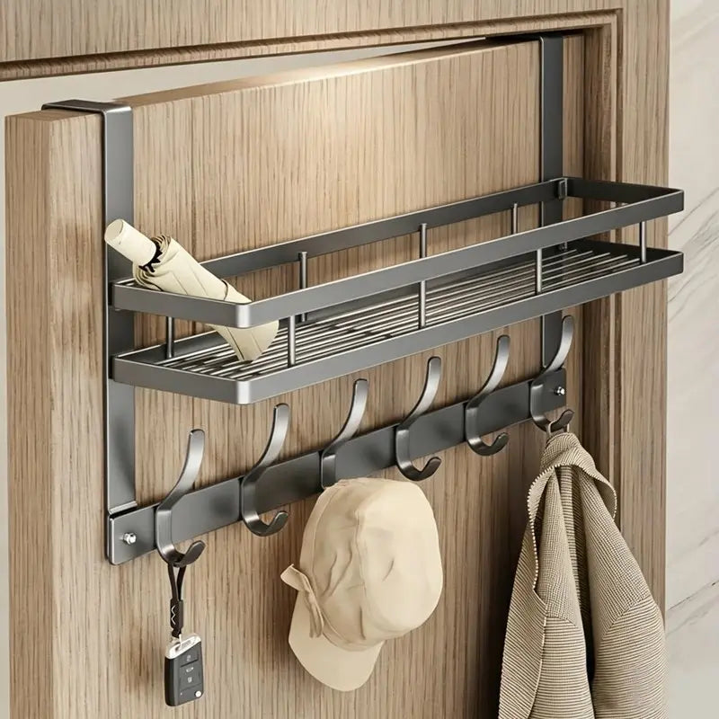 Grey Metal Over-the-Door Rack with Hooks and Shelf