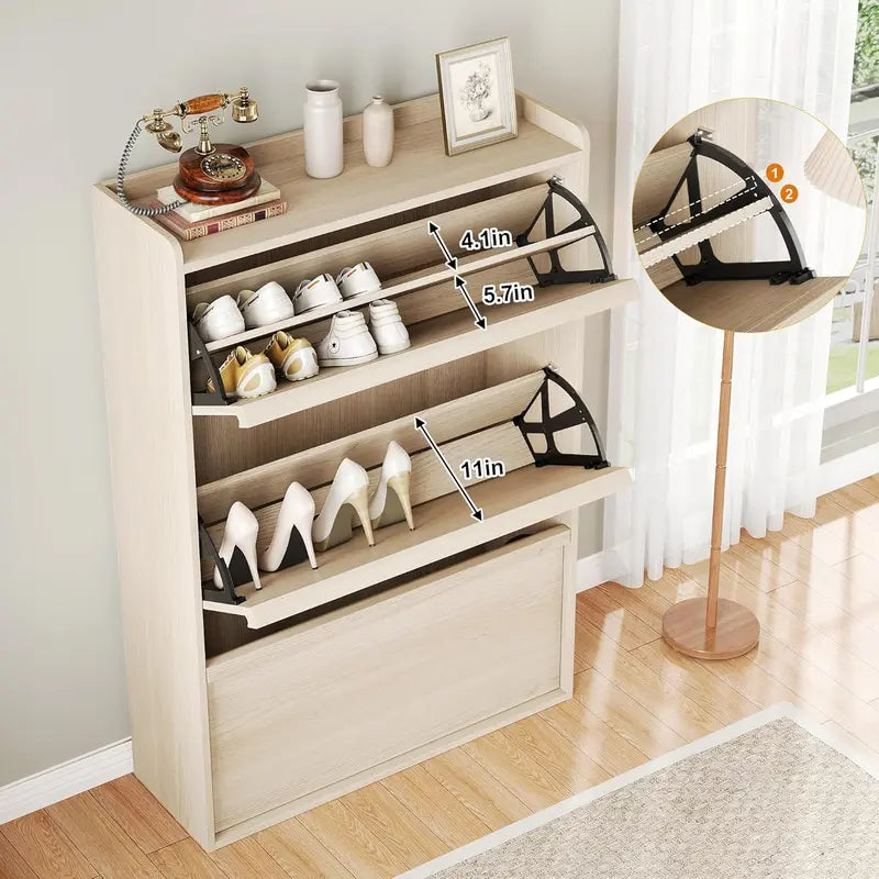 Light Wood Tilt-Out Shoe Cabinet with Three Drawers