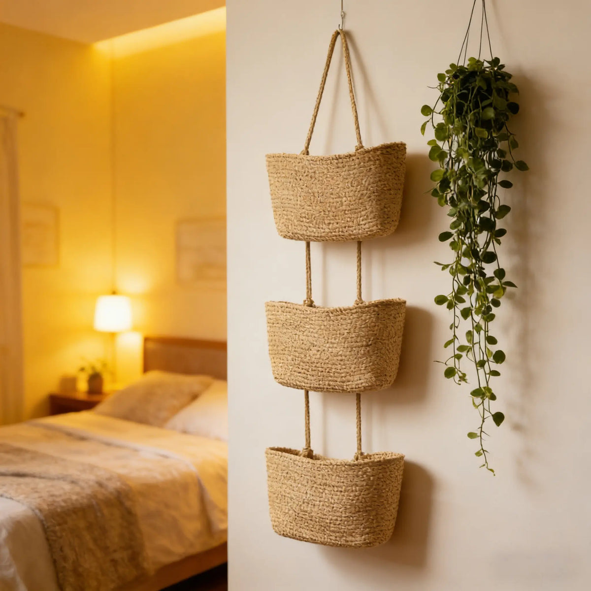 Three Hanging Woven Natural Fiber Wall Baskets