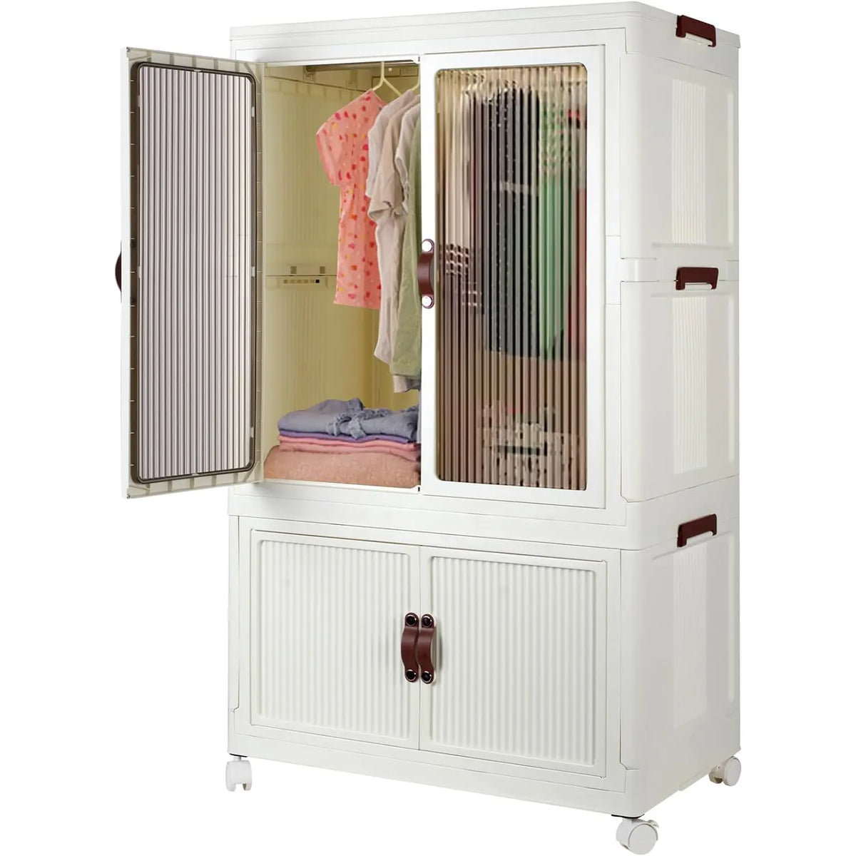White Rolling Wardrobe with Clear Striped Doors