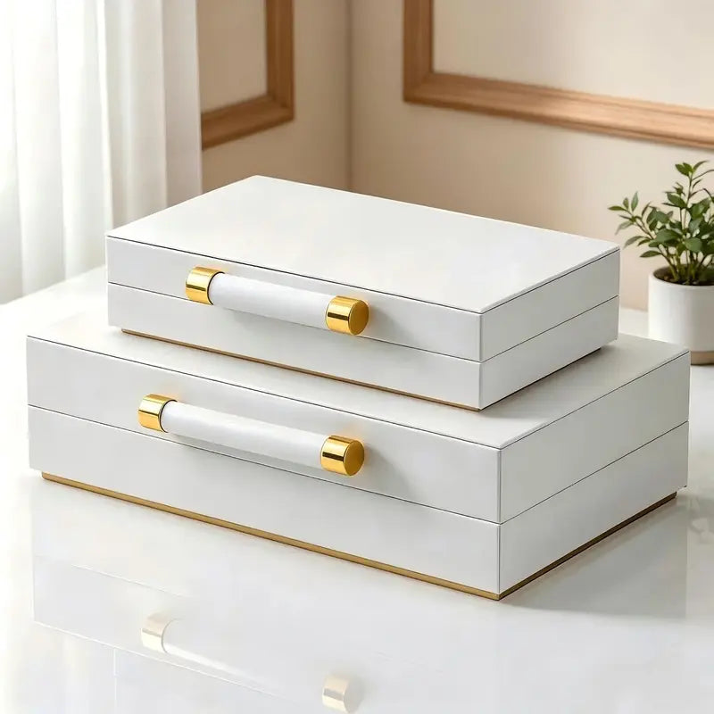 Set of Two White Storage Boxes With Gold Handles