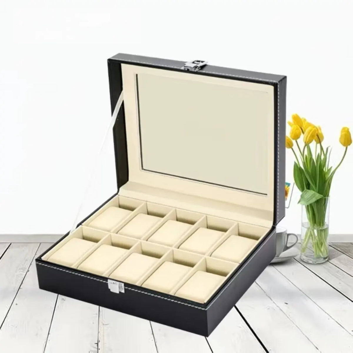 Brown Faux Leather Watch Case with Glass Lid