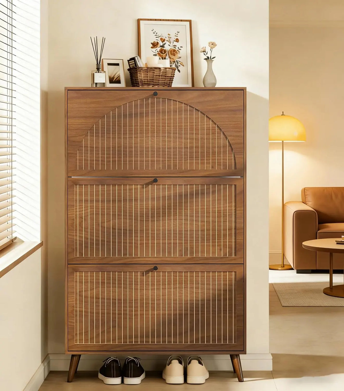 Walnut Shoe Cabinet with Three Fluted Flip Doors