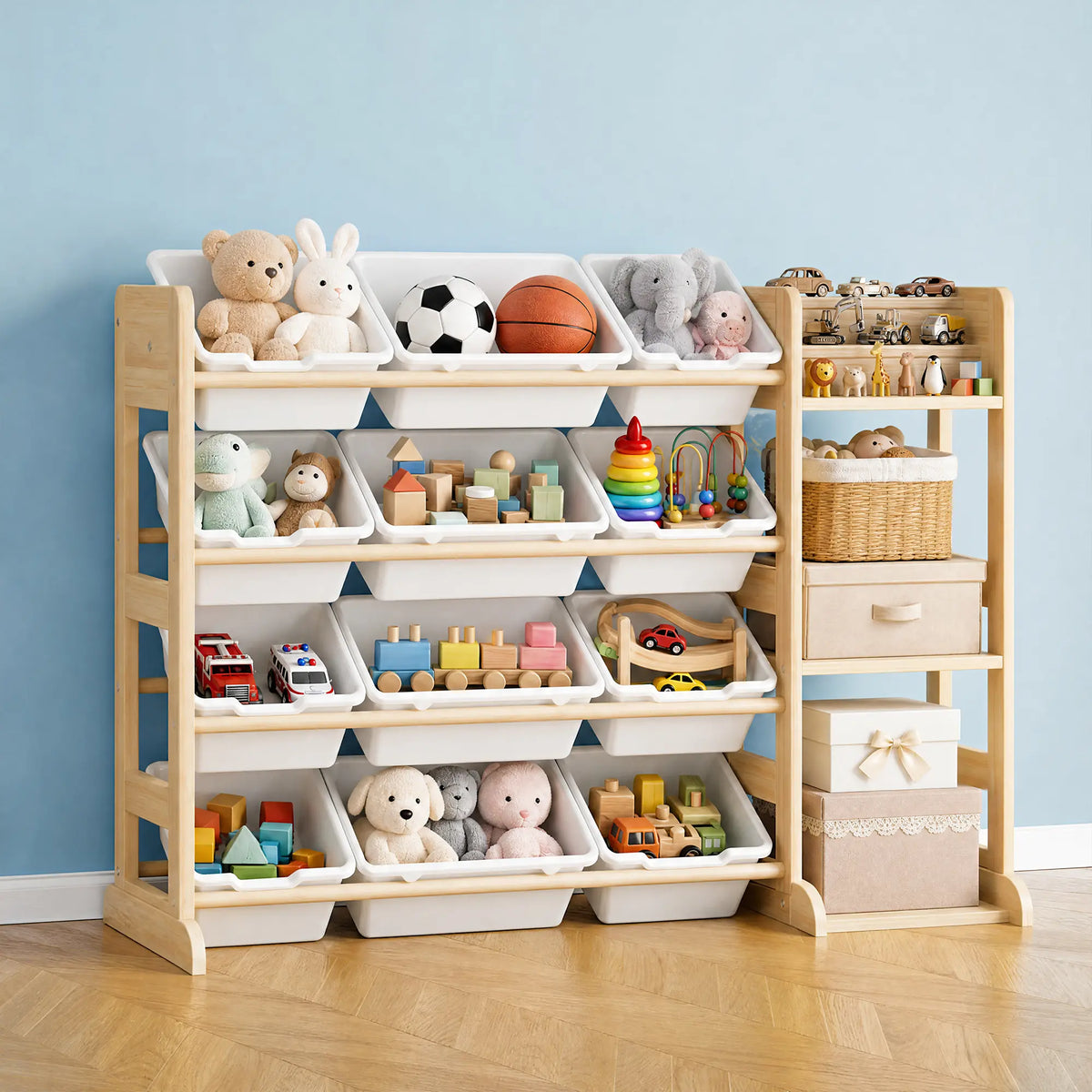 Light Wood Toy Organizer with White Bins