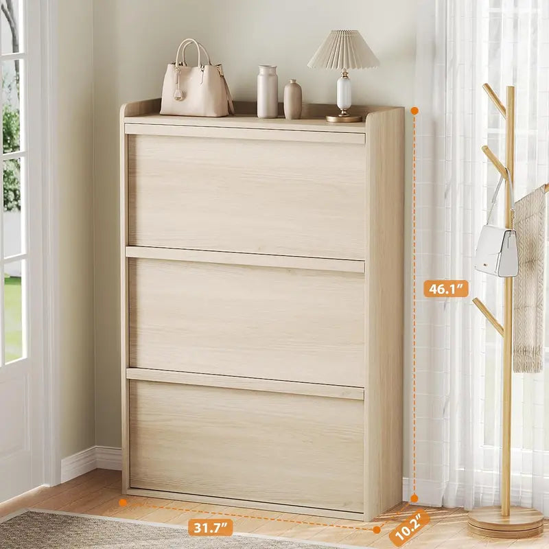 Light Wood Tilt-Out Shoe Cabinet with Three Drawers
