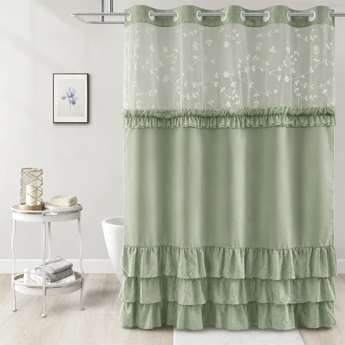 Green Ruffled Shower Curtain with Embroidered Sheer Top