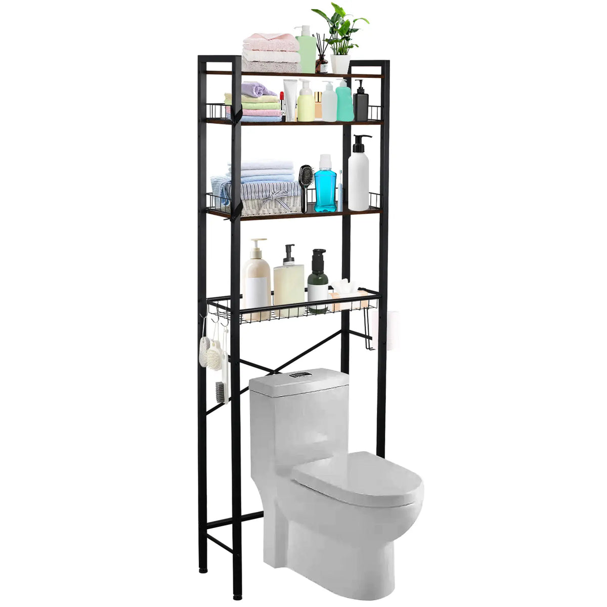 Black Frame Over-Toilet Storage Shelf with Hooks