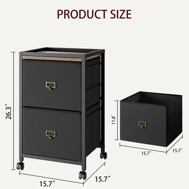 Two Drawer Rolling File Cabinet in Black Fabric
