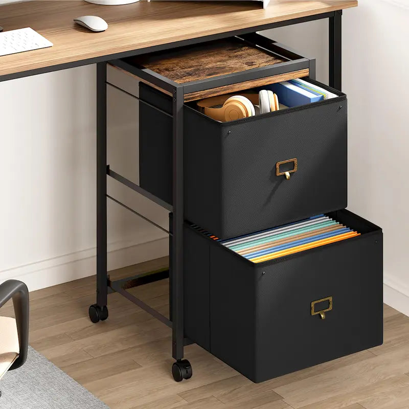 Two Drawer Rolling File Cabinet in Black Fabric