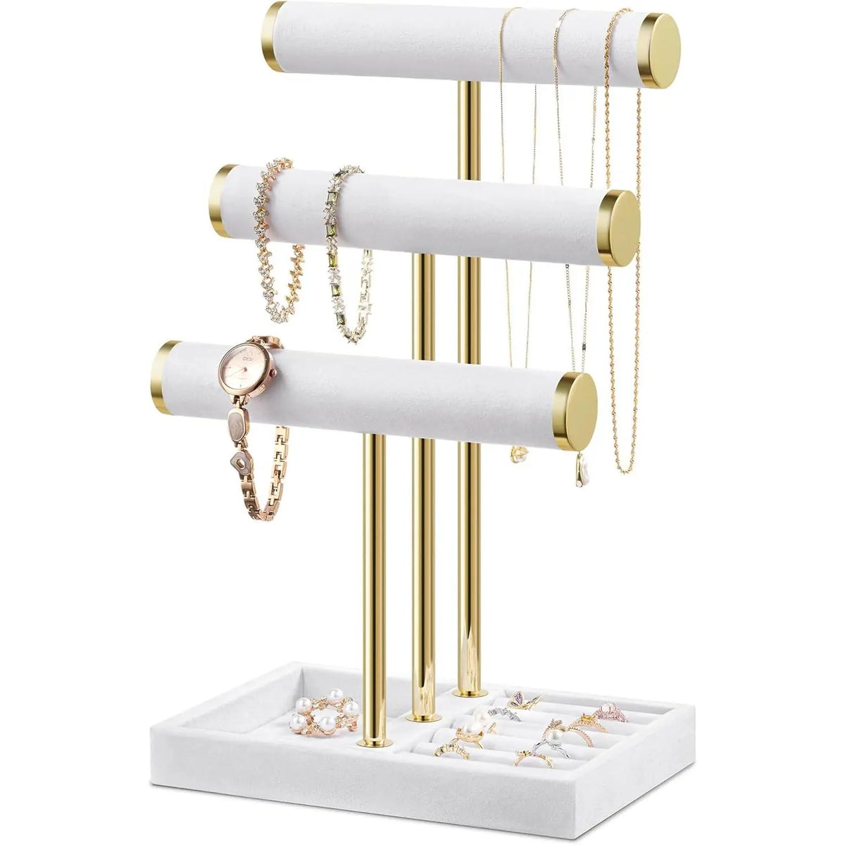 Three-Tier White Jewelry Stand with Gold Bars