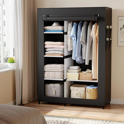 Black Fabric-Covered Portable Wardrobe with Hanging Rail