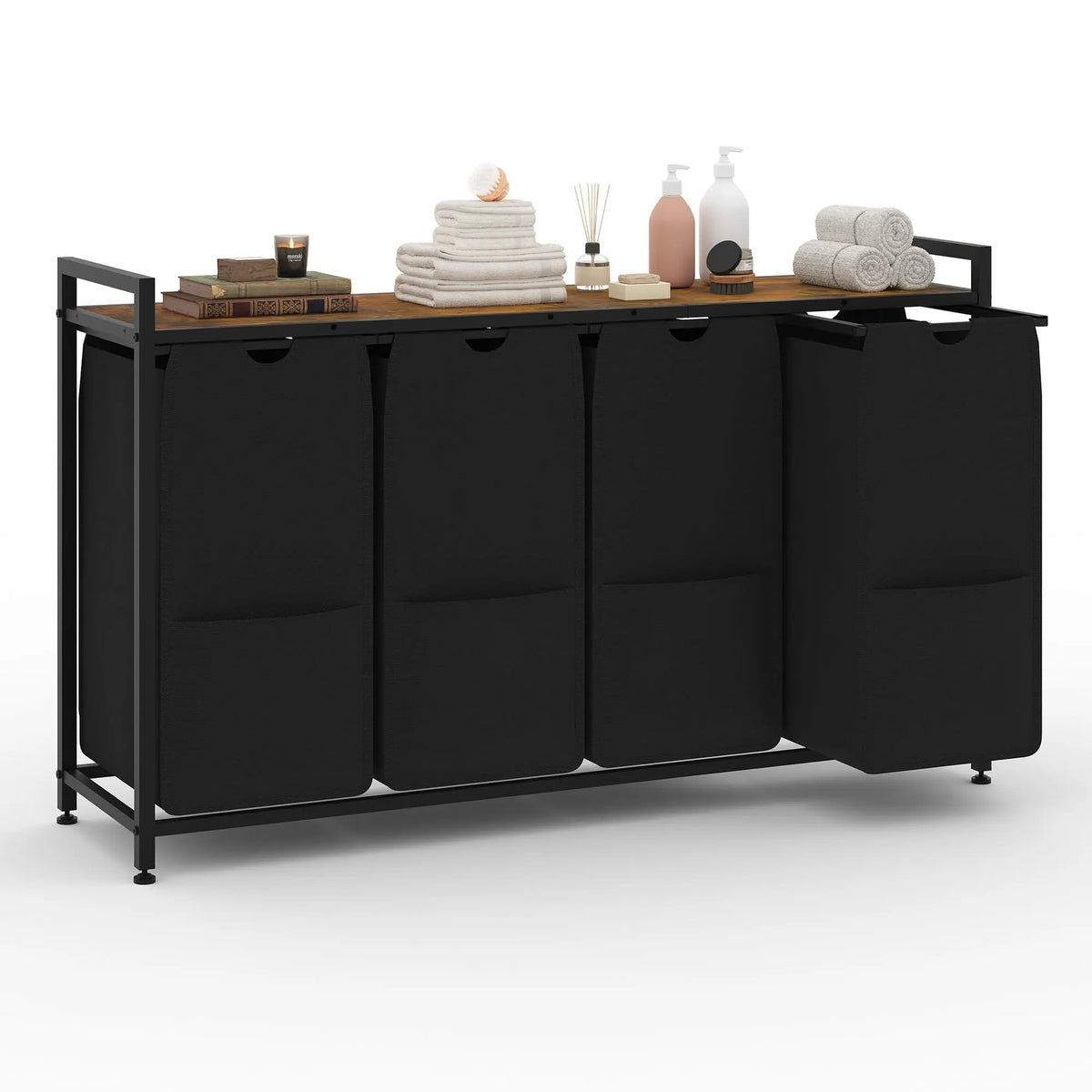 Four-Section Laundry Sorter with Black Fabric Bags