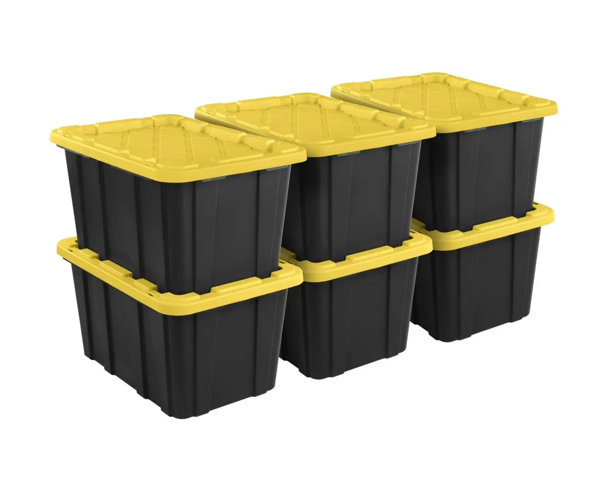 Black Plastic Storage Totes with Yellow Snap Lids