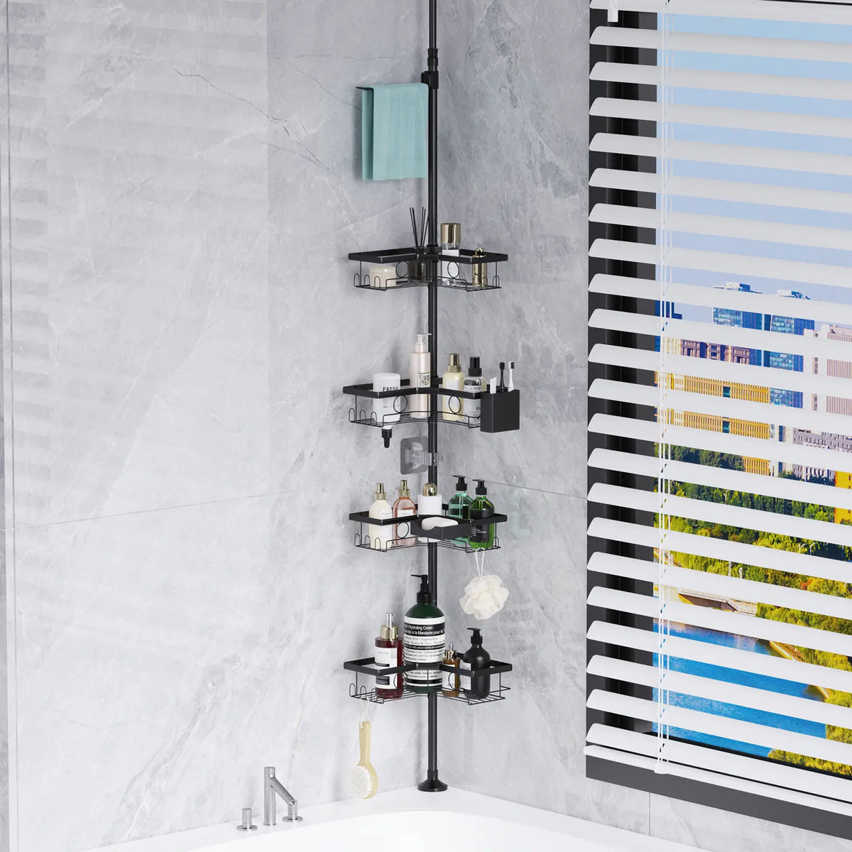 Black Four-Tier Corner Shower Caddy Pole