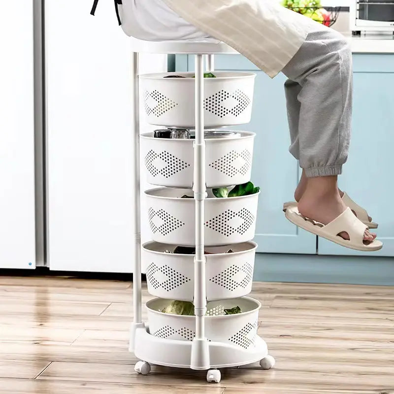 Five-Tier White Rotating Basket Rolling Cart