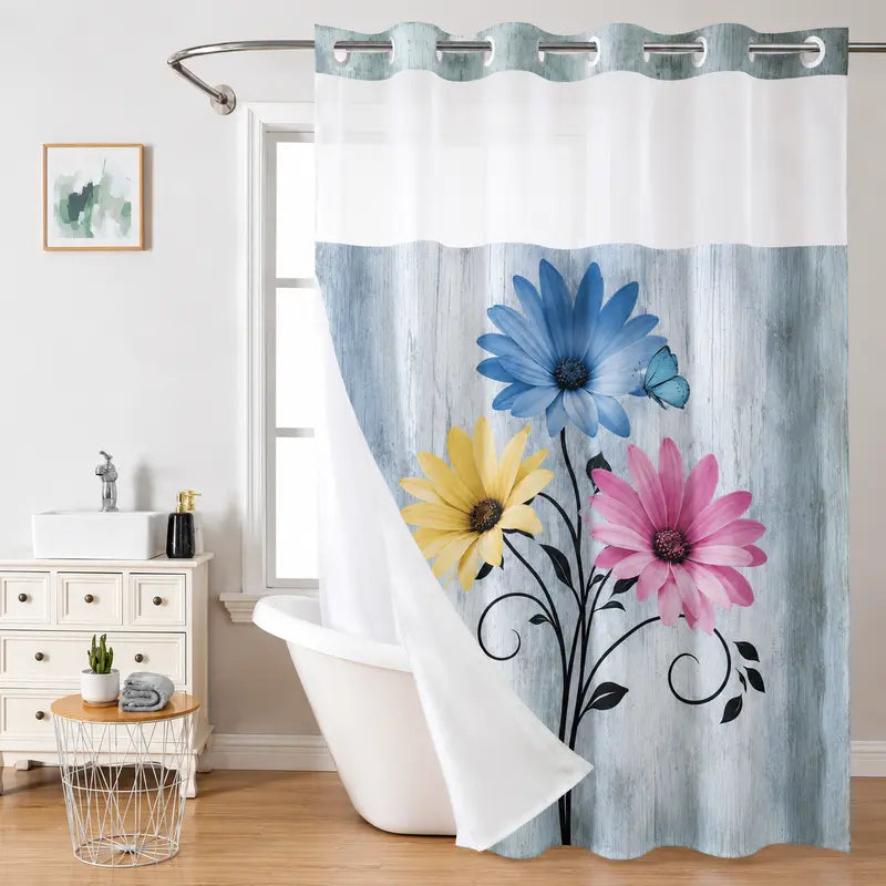 Teal Daisy Print Fabric Shower Curtain